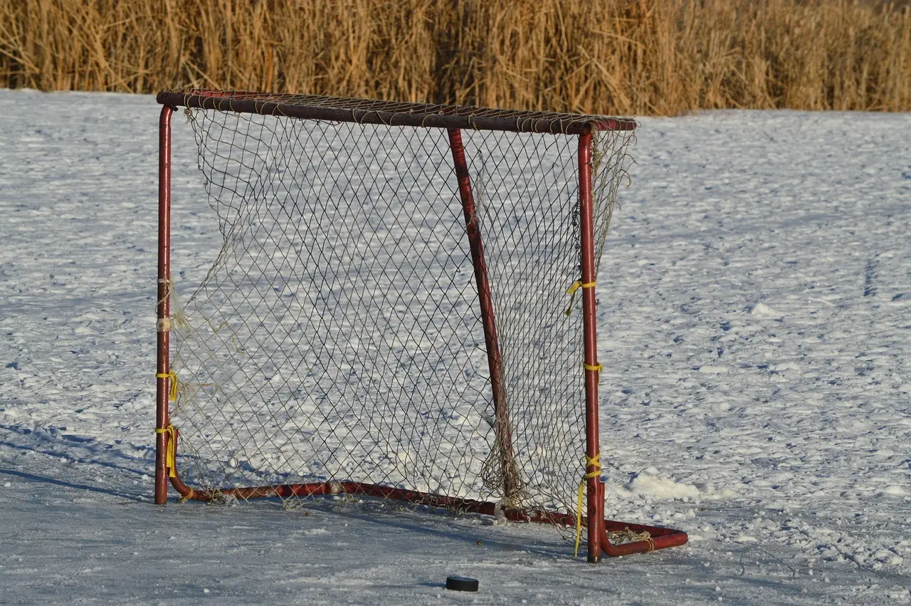 Ishockeymål med puck foran